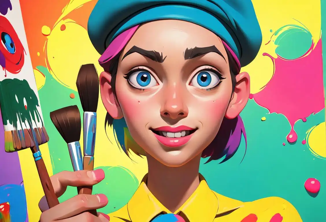 A cheerful person with paintbrushes in hand, wearing an artsy beret, surrounded by colorful artwork and art supplies..