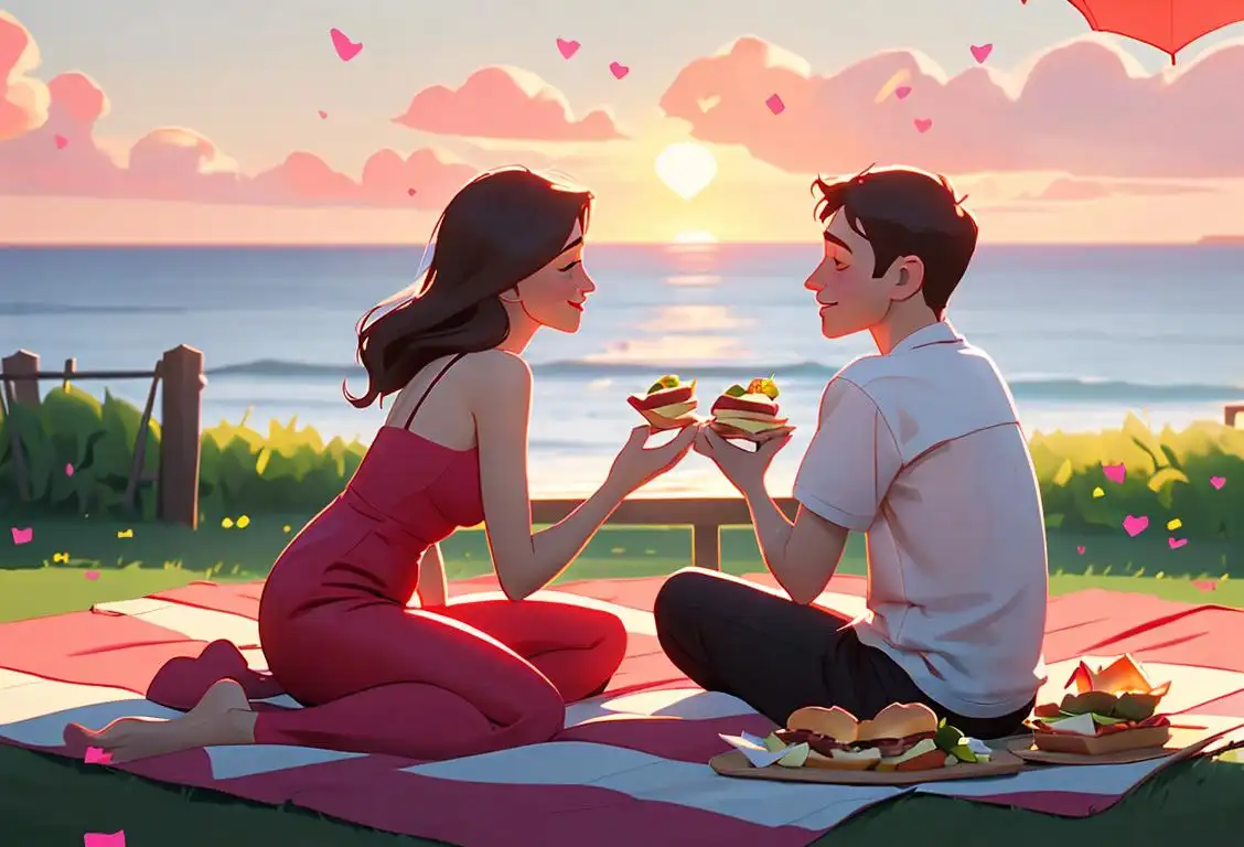 Happy couple sitting on a romantic shingle beach, dressed in summer attire, enjoying a picnic with heart-shaped sandwiches and a beautiful sunset in the background..