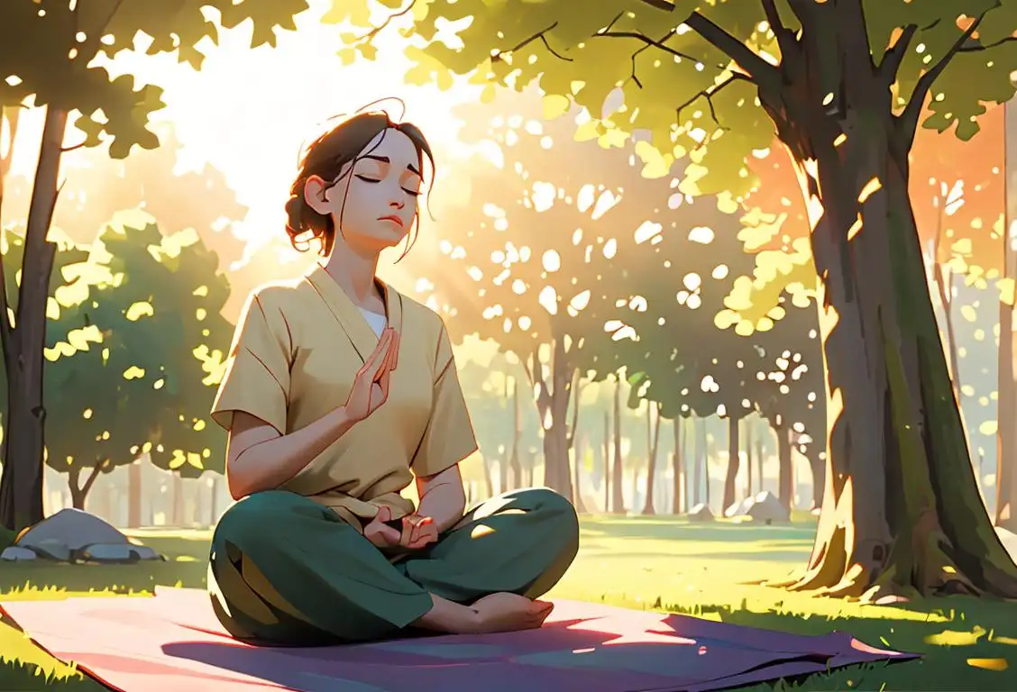 Person meditating in peaceful outdoor setting, wearing comfortable clothing, surrounded by nature, with rays of sunlight breaking through the trees..