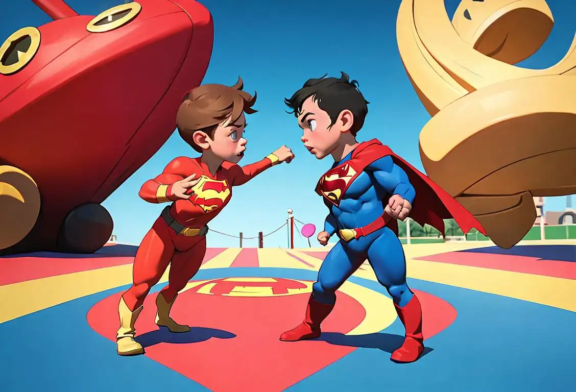 Two children in superhero costumes trying to outdo each other, surrounded by trophies, in a colorful playground..