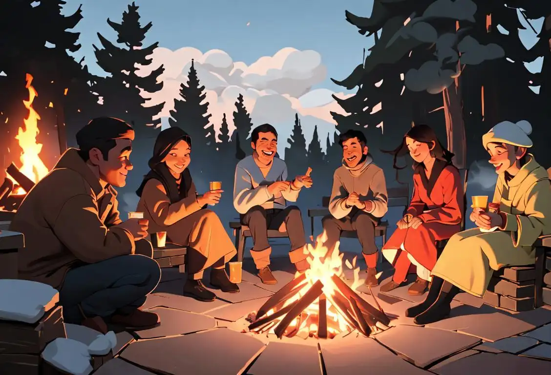Group of diverse individuals gathered around a cozy bonfire, enjoying the warmth and camaraderie. Cozy clothing, outdoor setting, happy faces..