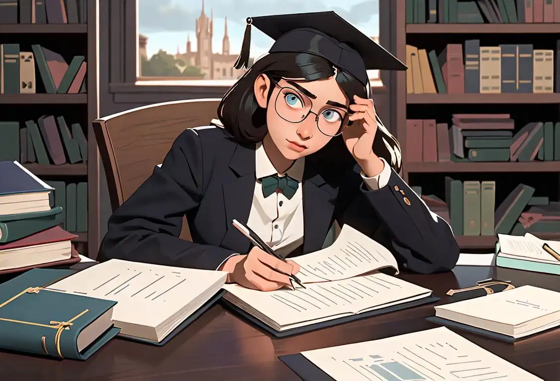 A determined student sitting at a desk, surrounded by books and notebooks, wearing glasses and a graduation cap, with a scenic university campus in the background..