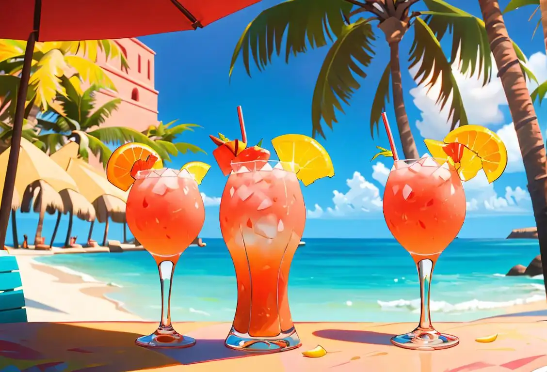 Pair of colorful rum punch cocktails garnished with tropical fruits, served in beach-themed glasses, against a backdrop of a palm tree grove..