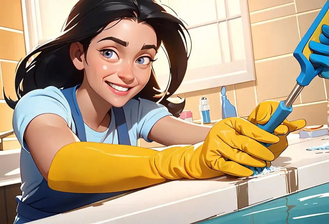 Happy people in gloves and cleaning tools, smiling while cleaning a sparkling and bright room..