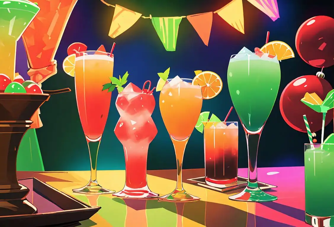 Group of friends raising shot glasses, dressed in colorful cocktail attire, surrounded by festive decorations, in a bustling party setting..