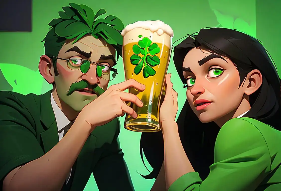 A group of friends in green outfits, raising their glasses of beer with a backdrop of shamrocks and Irish flags..