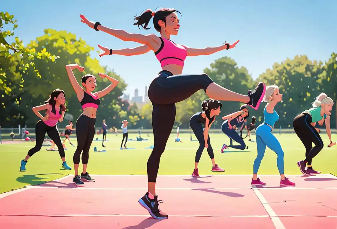 A cheerful personal trainer in workout gear, leading a group exercise class in a vibrant outdoor park..
