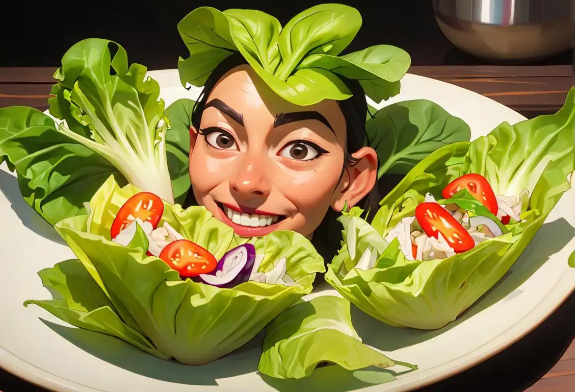 A smiling chef wearing a lettuce-themed hat, preparing delicious lettuce wraps, surrounded by fresh vegetables and vibrant colors..