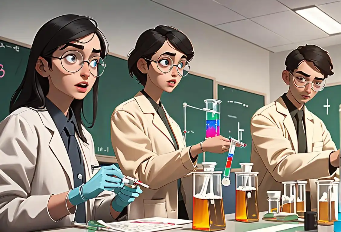 A group of diverse students wearing lab coats, holding test tubes, in a school science lab, with a banner saying 'National Random Drug Testing Day'.