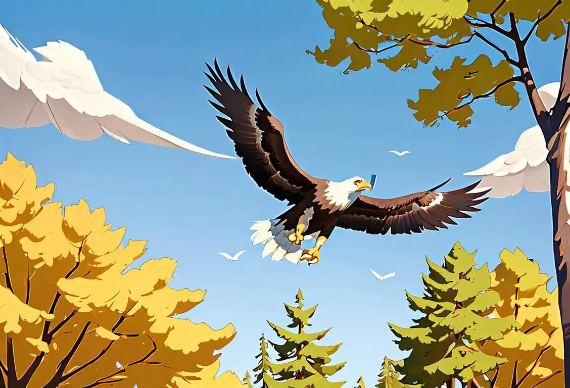 A majestic bald eagle soaring through a clear blue sky, with a group of children wearing nature-themed T-shirts, in a park surrounded by trees..