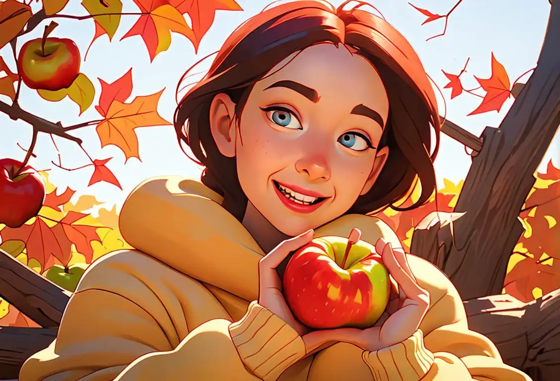 Cheerful person enjoying an apple dumpling in a cozy sweater, surrounded by colorful autumn leaves..
