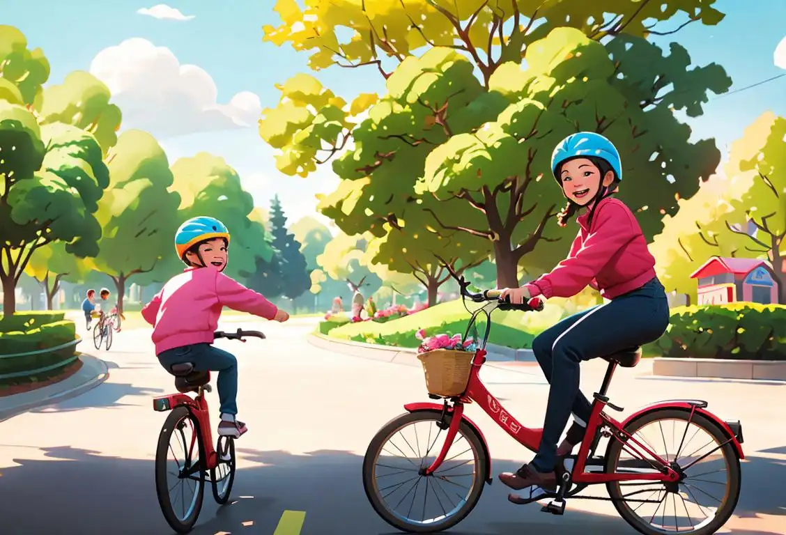 Family riding bicycles in a scenic park, with kids wearing colorful helmets and parents smiling with joy..