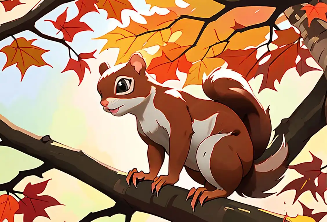 Adorable squirrel perched on a tree branch, surrounded by vibrant autumn leaves, with children playing in the background..