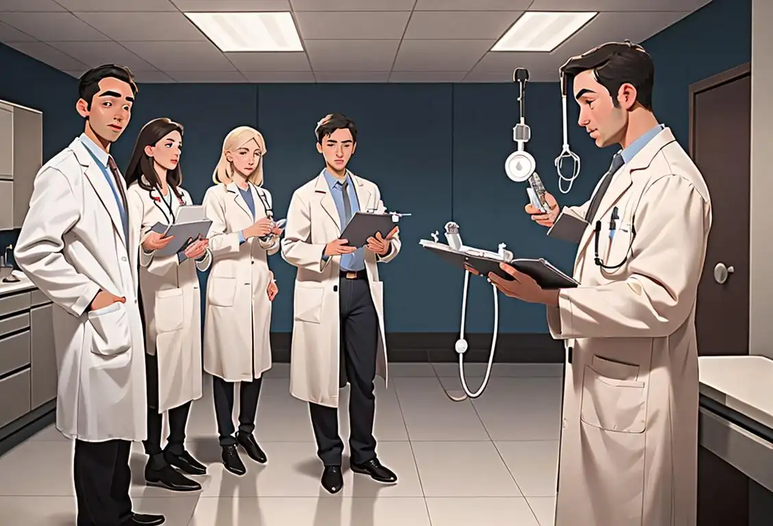 Young physician assistant in scrubs and white lab coat, holding stethoscope, standing in a modern medical clinic, surrounded by diverse group of patients..