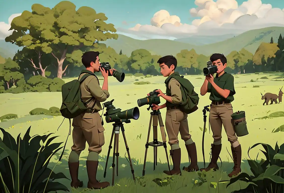 A group of explorers in sturdy boots and khaki clothing, holding binoculars and cameras, surrounded by lush green landscapes, wildlife, and adventure..