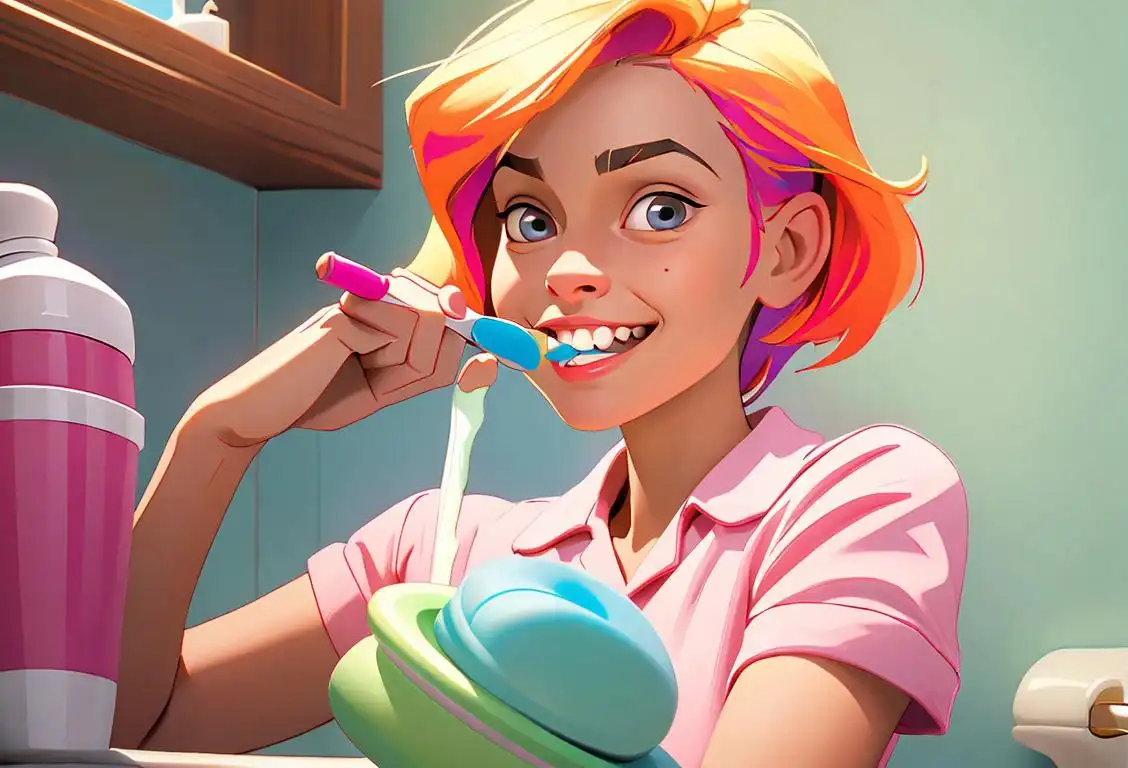 A young girl with a bright smile, wearing pajamas, brushing her teeth in a bathroom with colorful toothbrushes and toothpaste..