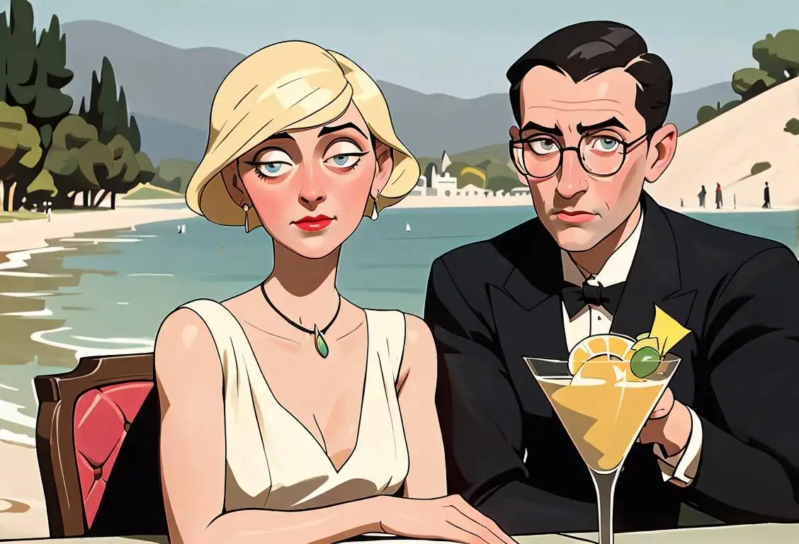 Elegantly dressed people clinking glasses, sporting classic 1920s attire, with a picturesque cityscape in the background.