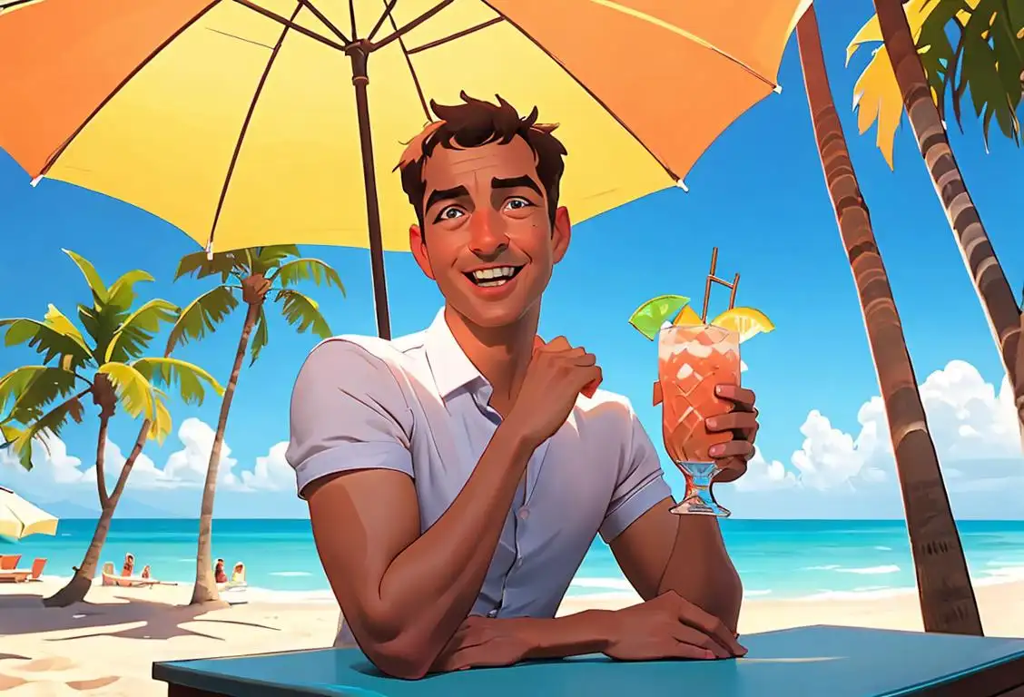 A cheerful person holding a refreshing caeser cocktail, wearing a summer dress, beach background with palm trees and sunshine..