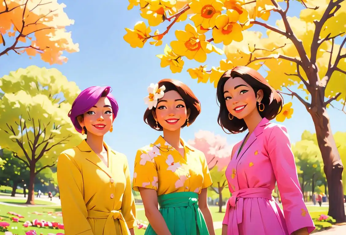 A group of diverse individuals smiling and wearing colorful outfits, enjoying a sunny day in a park filled with flowers..