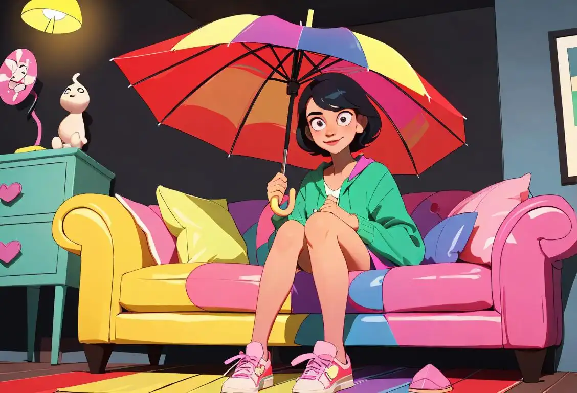 Young person opening a colorful umbrella indoors, wearing a trendy outfit with vibrant shoes, in a quirky and cozy living room..