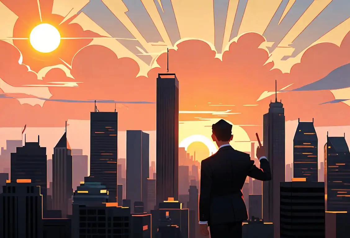A big sun rising over a city skyline, representing the dawn of hope for national debt, with various people dressed in business attire, expressing relief and happiness..