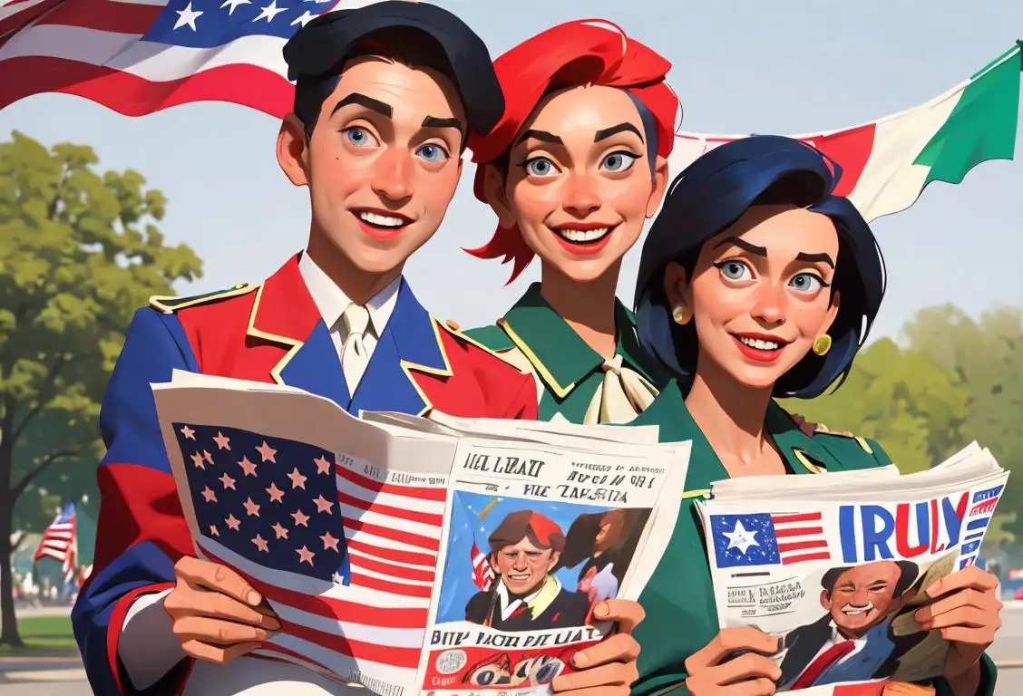 A diverse group of people in colorful Independence Day-themed outfits, holding up national newspapers and smiling together at a park filled with American flags..