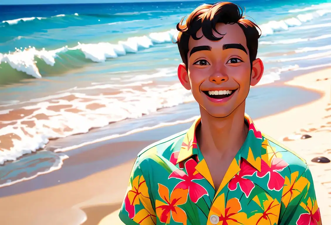 Happy young man with contagious smile, wearing bright Hawaiian shirt, tropical beach background, surrounded by a group of diverse people laughing and enjoying themselves..