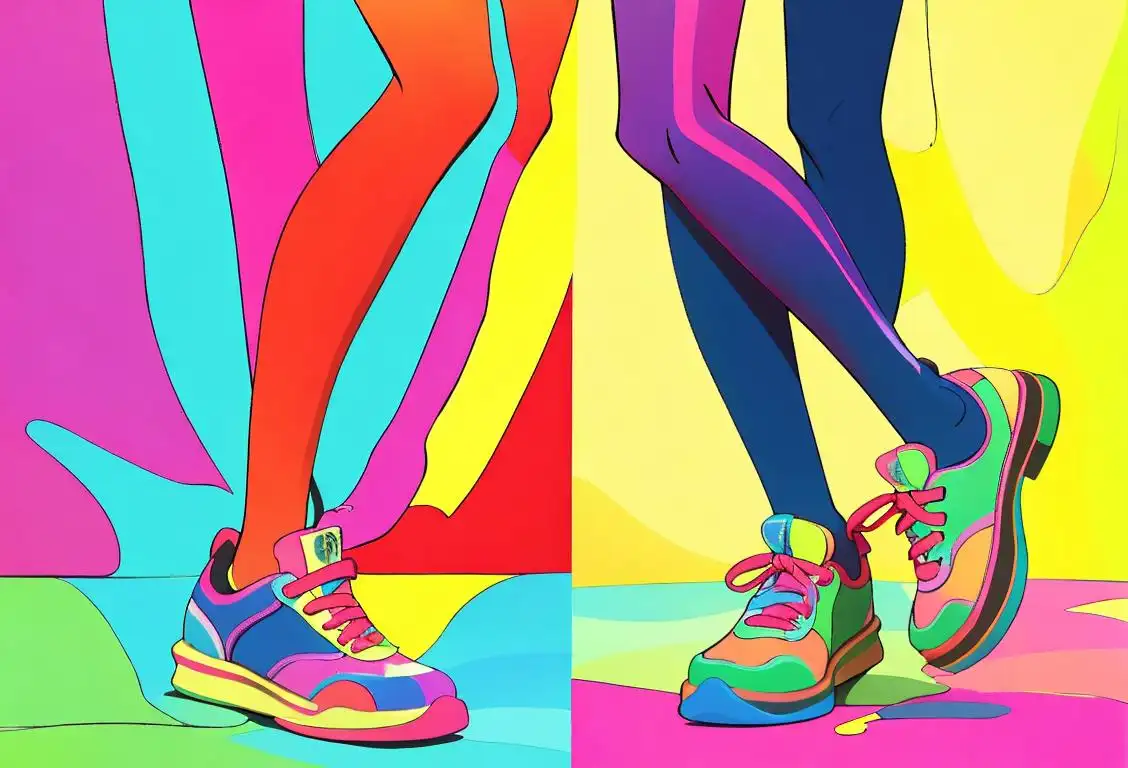 A person stepping into the wacky world of National Two Different Coloured Shoes Day, wearing a mismatched left and right shoe, expressing joy and individuality, with a colorful and vibrant background..