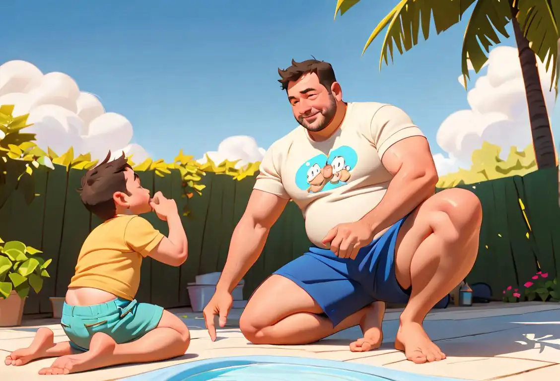 Father happily embracing his dad bod, wearing comfy shorts and a relaxed t-shirt, surrounded by children playing in a sunny backyard..