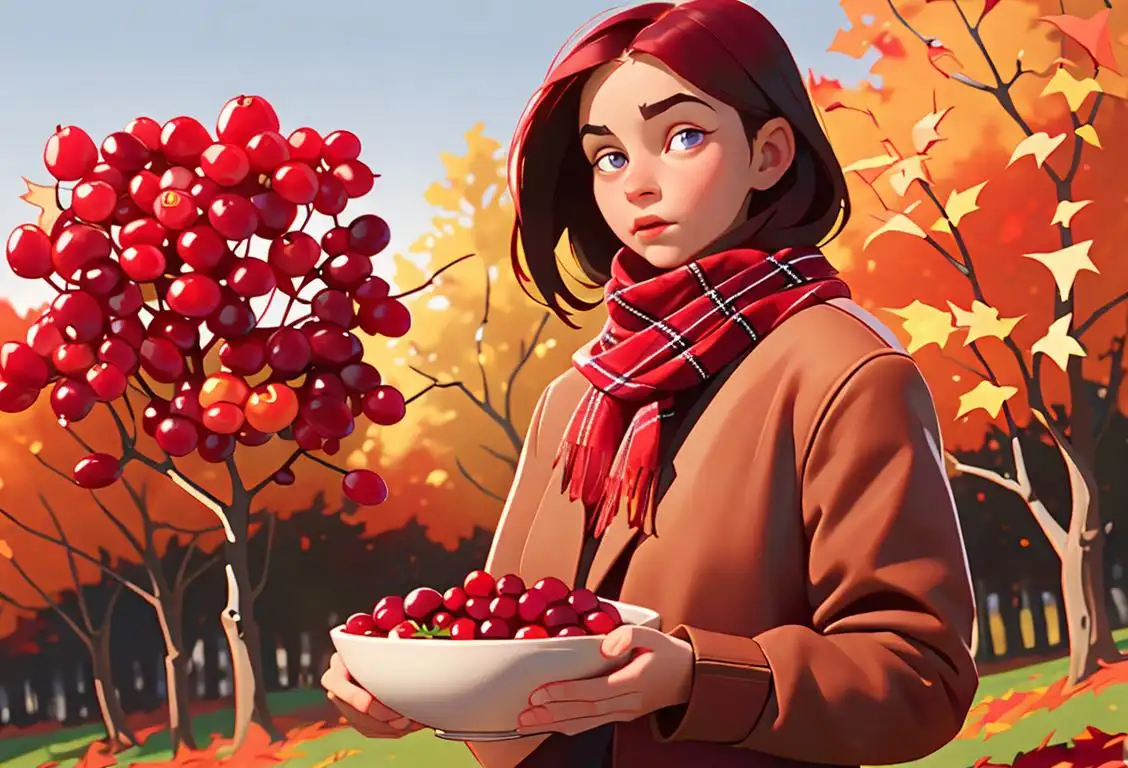 Young woman wearing a tartan scarf, holding a bowl of cranberries, autumn leaves background, festive harvest scene..