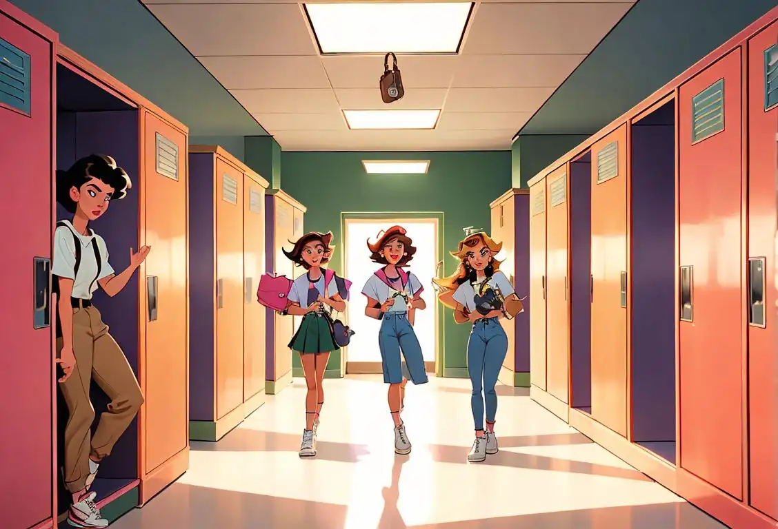 Group of friends wearing '90s fashion, striking cool poses with backpacks in a school hallway filled with lockers..
