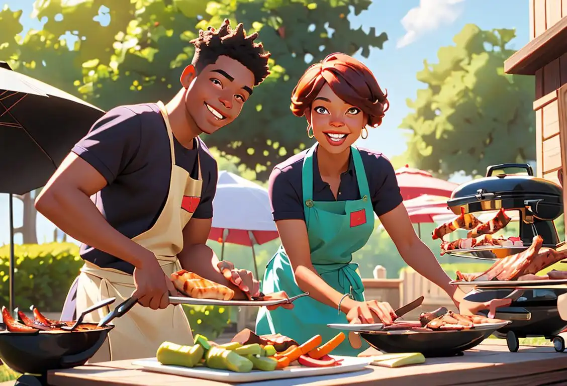 Group of smiling people gathered around a BBQ grill, wearing aprons and enjoying a sunny outdoor setting..