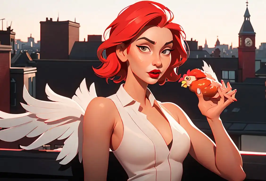 Young woman with saucy chicken wing in hand, rocking bold red lips, trendy urban rooftop setting..
