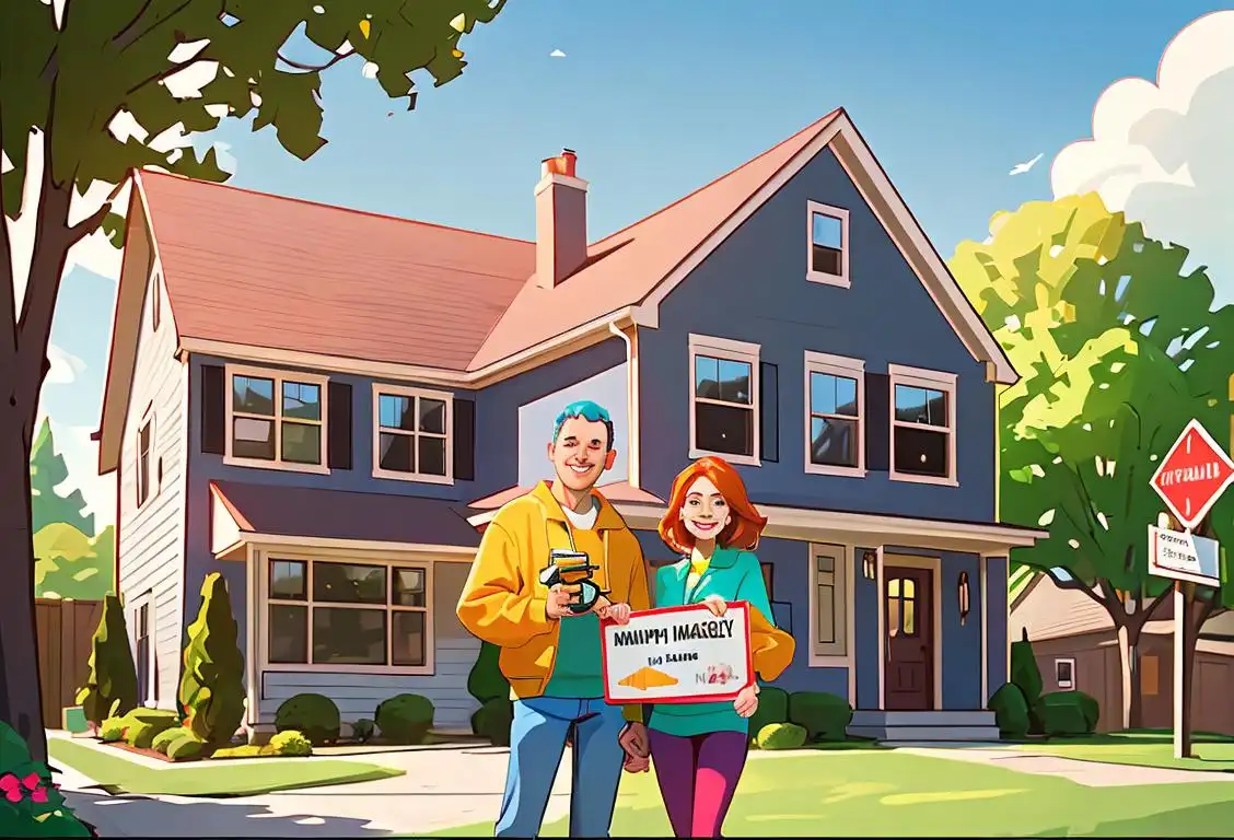 Happy couple in front of their home, holding a giant 'Home Warranty' sign, surrounded by neighbors with tools, wearing colorful casual outfits, suburban neighborhood setting..
