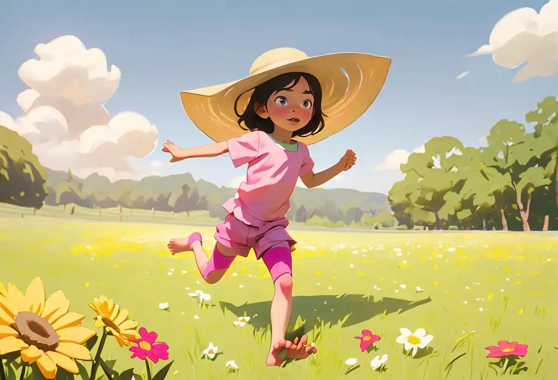 Young child running through a flowery meadow barefoot, wearing a sun hat, summertime picnic setting..