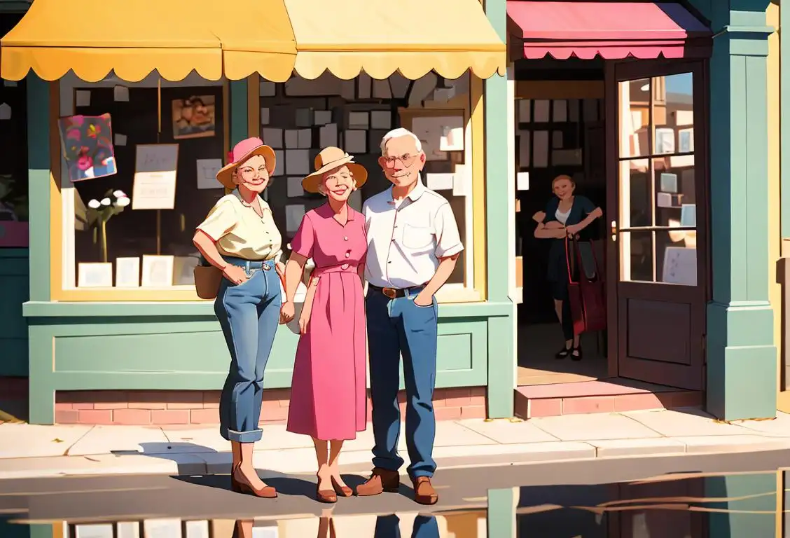 A friendly, middle-aged couple standing in front of their charming, family-owned store in a vibrant, small-town setting. They are dressed in casual, yet stylish attire, reflecting their unique sense of fashion..