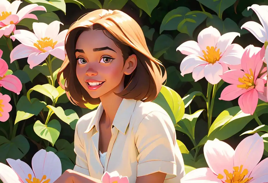 A joyful young girl with light skin tones, dressed in summer clothes, surrounded by blooming flowers in a garden..