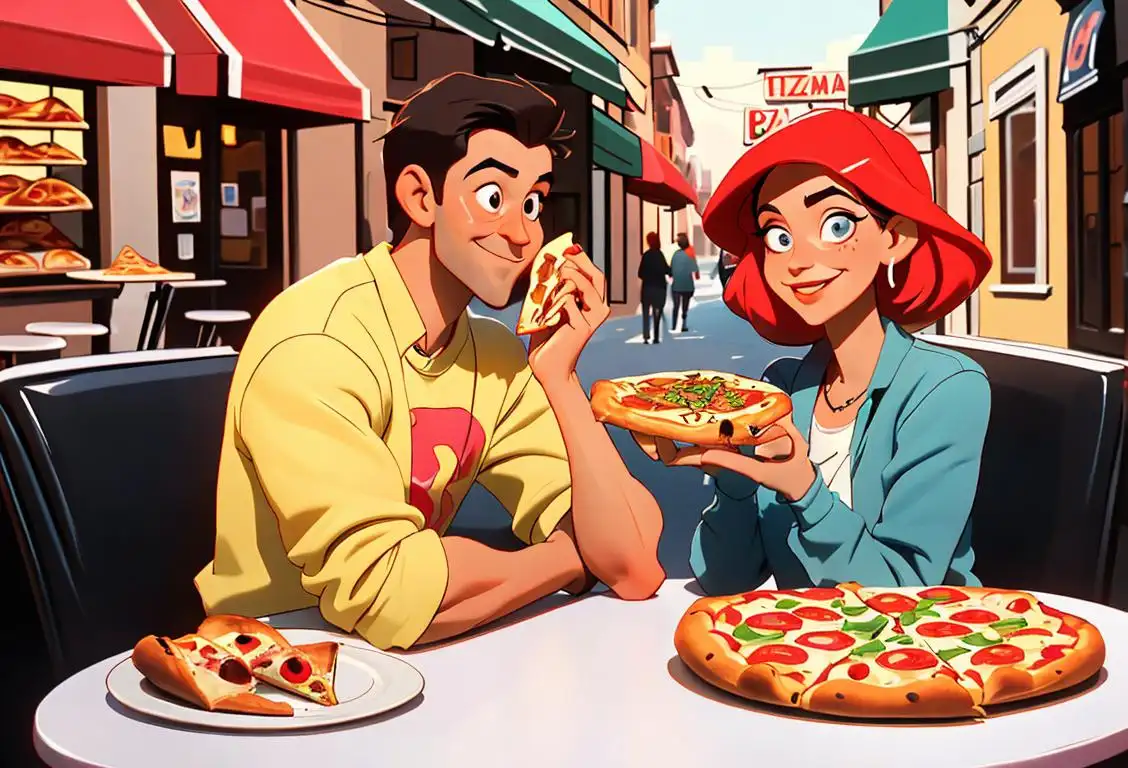 A happy couple enjoying a slice of pizza and a bagel in a cozy Italian deli, showcasing their trendy streetwear fashion and urban city backdrop..