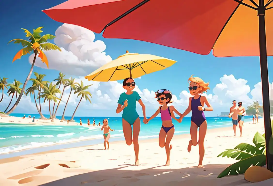 Happy group of people of all ages, holding hands, running on a sunny beach, wearing sunglasses, surrounded by palm trees and colorful beach umbrellas..