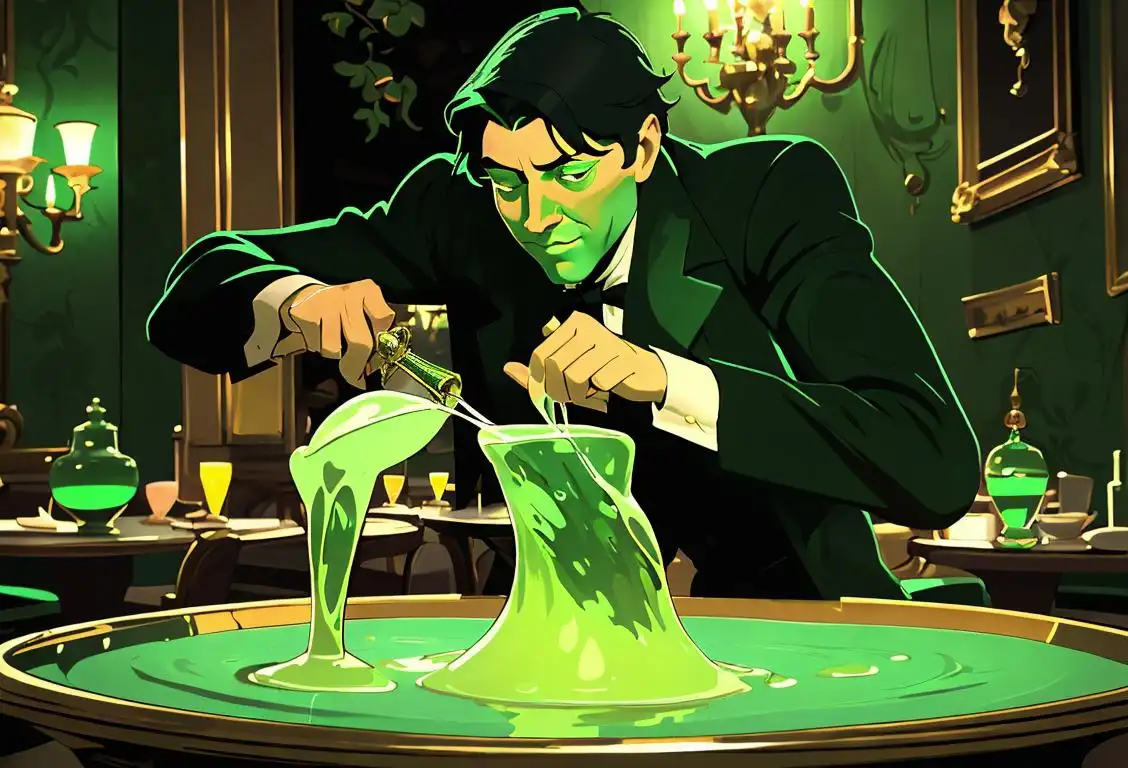 Person in vintage attire pouring green liquid from a absinthe fountain while surrounded by an intricate French café atmosphere..