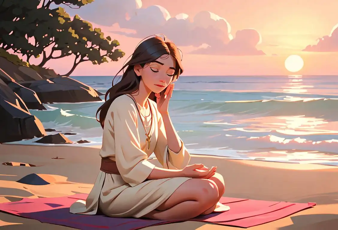 Young woman sitting cross-legged, surrounded by nature, with serene expression, hands clasped as if praying, wearing flowy boho clothing, sunset beach setting..