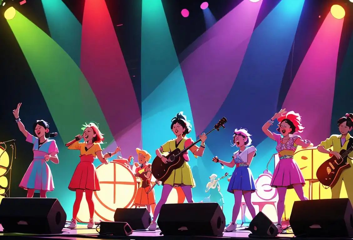 Group of diverse musicians performing on stage, wearing colorful outfits, under vibrant lights, capturing the energetic spirit of National Concerts Day..