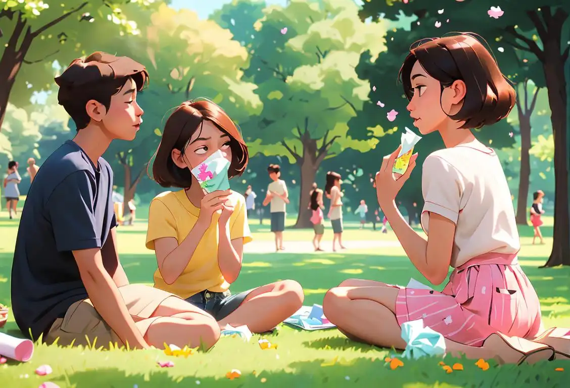 Group of diverse people in a park, surrounded by tissues and allergy medicine, dressed in casual, summery outfits, enjoying each other's company and sharing stories about their allergies..