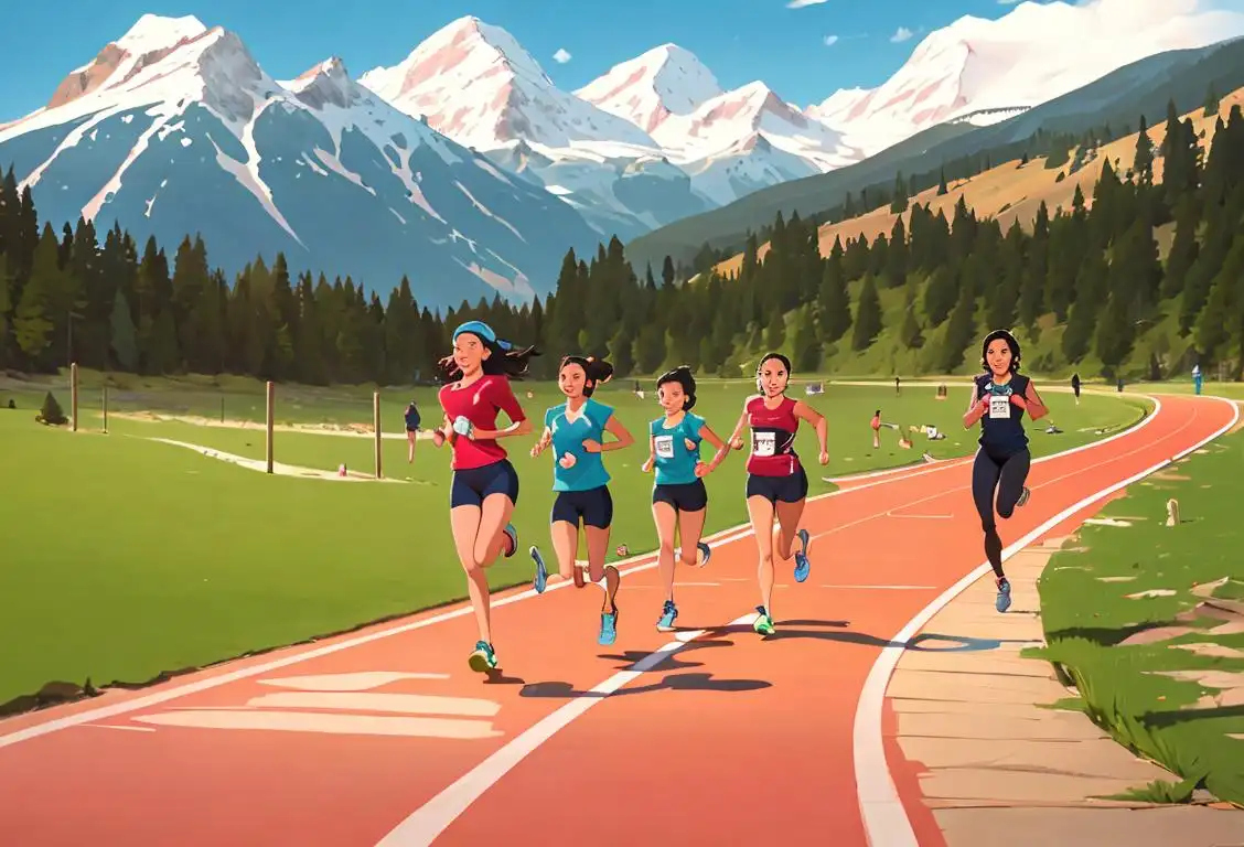 A group of diverse runners in vibrant athletic wear, running along a scenic trail with a backdrop of majestic mountains..