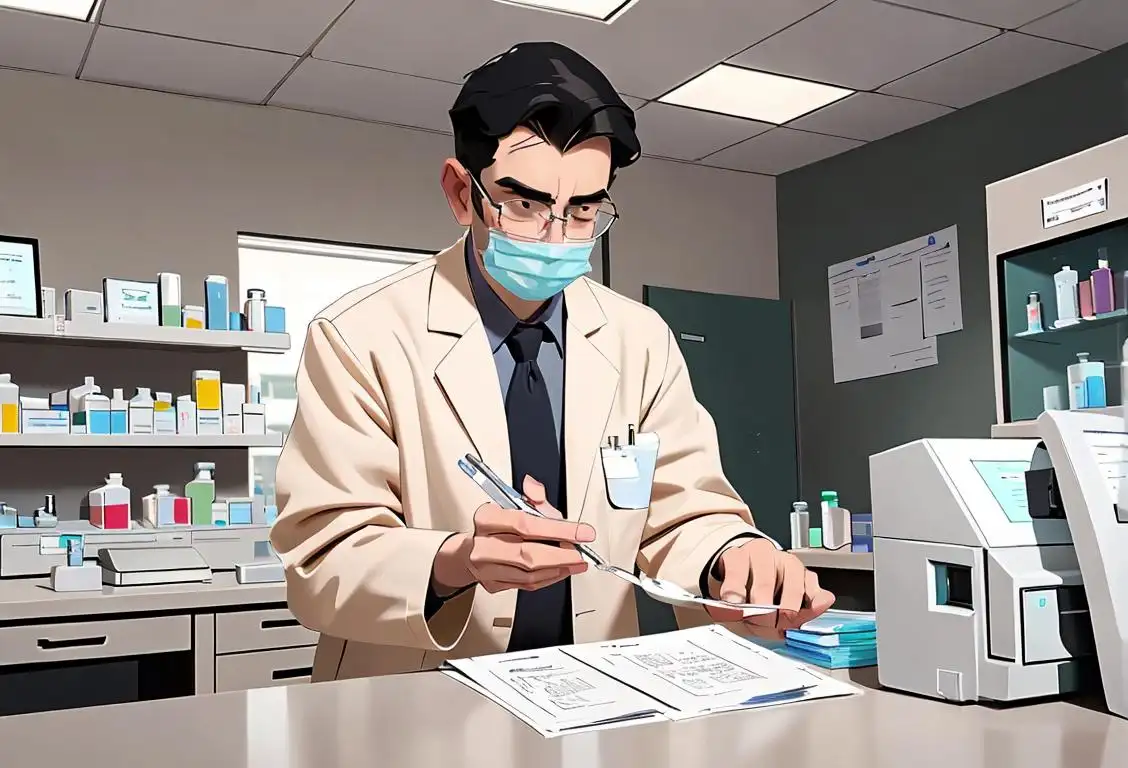 A pharmacist wearing a lab coat, standing behind a counter, dispensing pills while educating a patient about pain management..