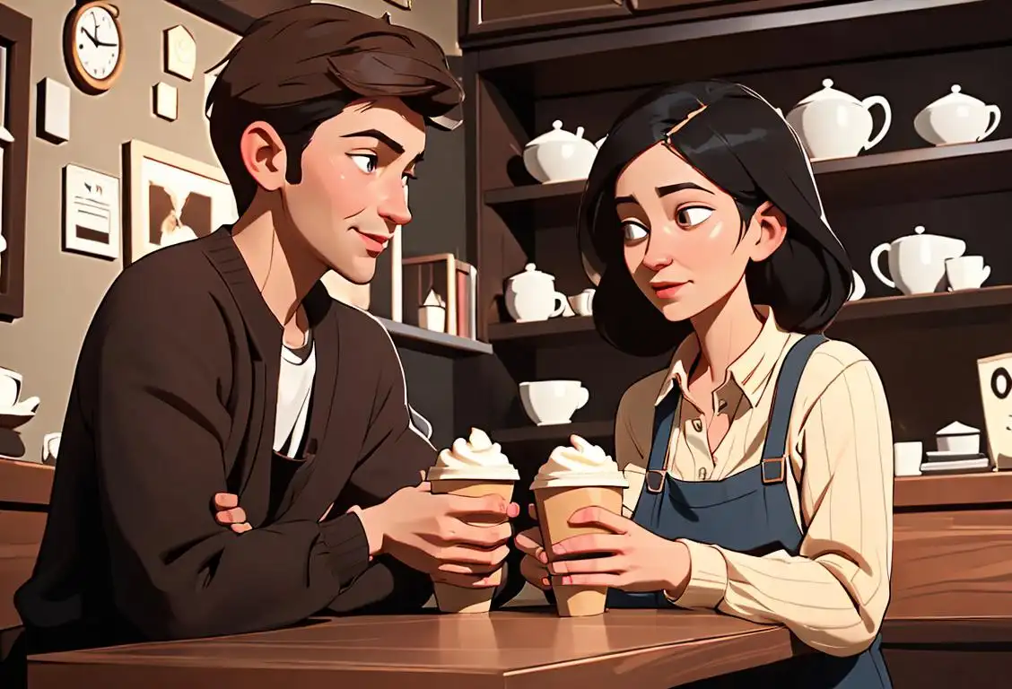 Two people enjoying a heartfelt conversation at a cozy coffee shop, dressed in casual attire, surrounded by bookshelves and friendly baristas..