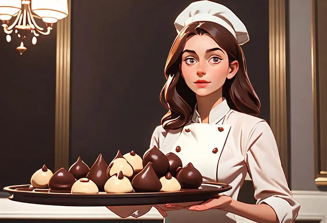 A beautiful young woman, wearing a chef hat, surrounded by a whimsical chocolate wonderland, holding a tray of mouthwatering chocolate truffles..