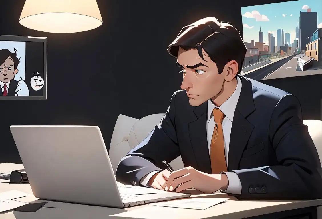 A diligent worker wearing a business suit, using a laptop, in a bustling urban office setting..