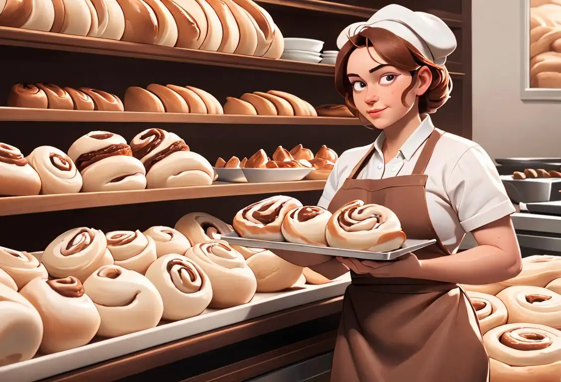 Baker holding a tray of freshly baked cinnamon rolls, wearing a chef's hat and apron, bustling bakery scene with shelves full of pastries and sweet treats..