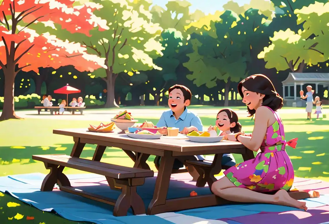 Family sitting around a picnic table, wearing colorful summer clothes, holding plates of food, enjoying laughter and games in a beautiful park setting..